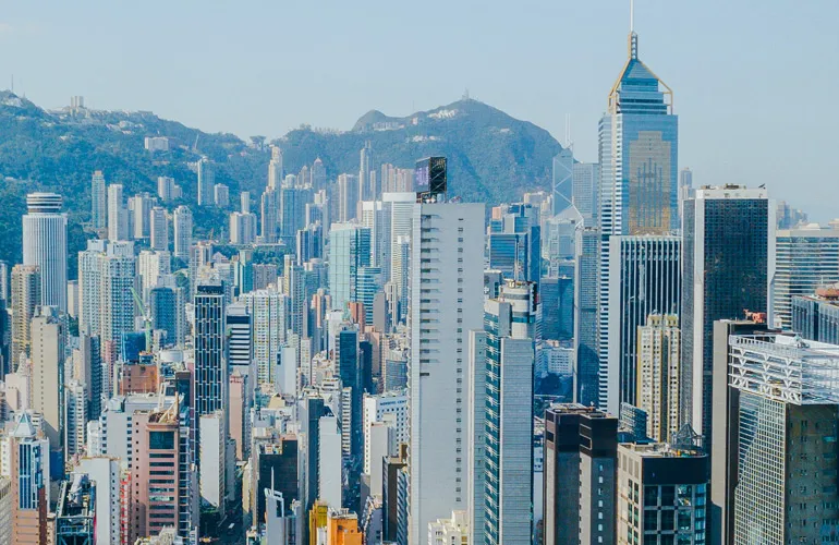 Hong Kong Victoria Harbour skyline at sunset